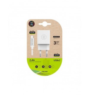 Cargador doble blanco + Cable braided Nylon Micro USB (Android), alto rendimiento 2,4A