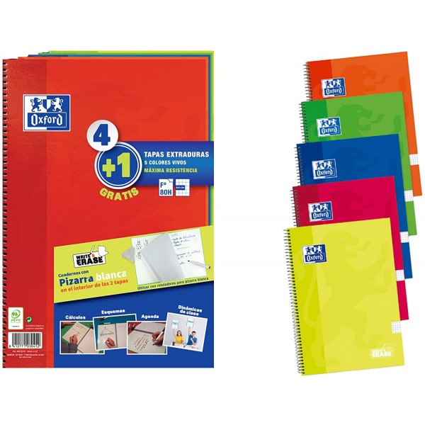 Cuaderno Oxford A4,Tapa Extradura, Pizarra Write&Erase, 80 Hojas, Cuadrícula 4x4, Surtido colores vivos