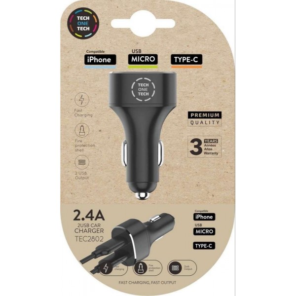 Cargador tech one tech 2.4 coche mechero doble para iphone/usb micro/type-c color negro