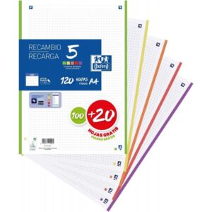 Hojas cuadriculadas Oxford A4 Recambio, 100 + 20 Hojas, Cuadrícula 5X5. Banda 5 colores VIVOS