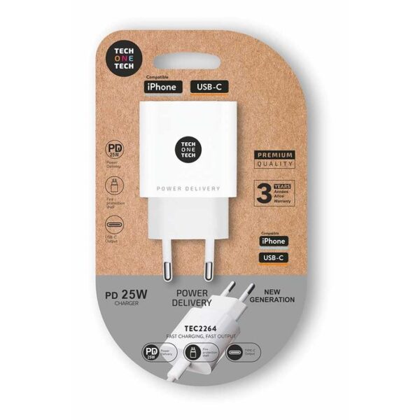 Cargador de Pared Tech One Tech TEC2264 - 1xUSB Tipo-C - 25W - Blanco - Imagen 2