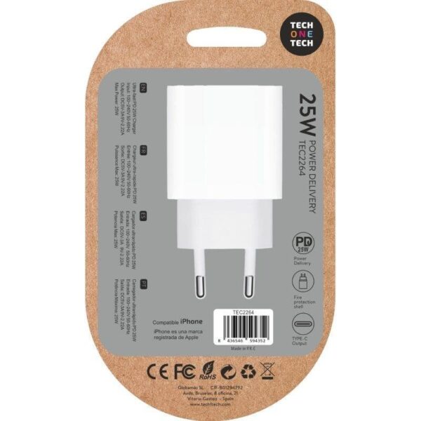 Cargador de Pared Tech One Tech TEC2264 - 1xUSB Tipo-C - 25W - Blanco - Imagen 3