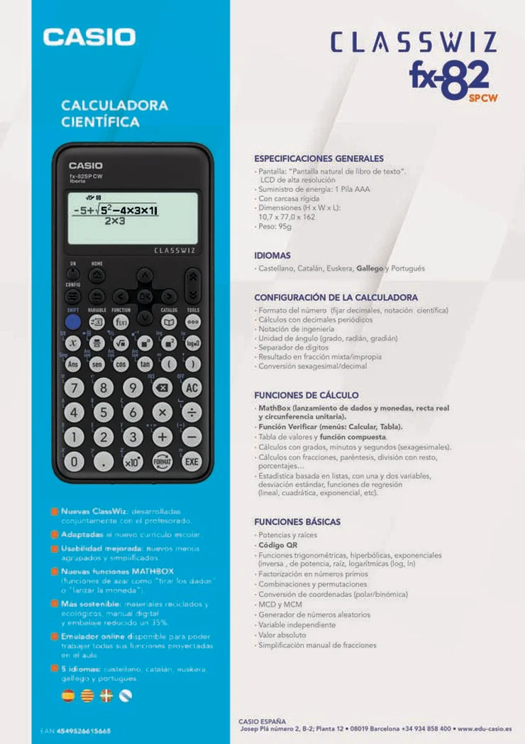 CALCULADORA CASIO FX-82SPCW CIENTIFICA +300 FUNCIONES - Imagen 4